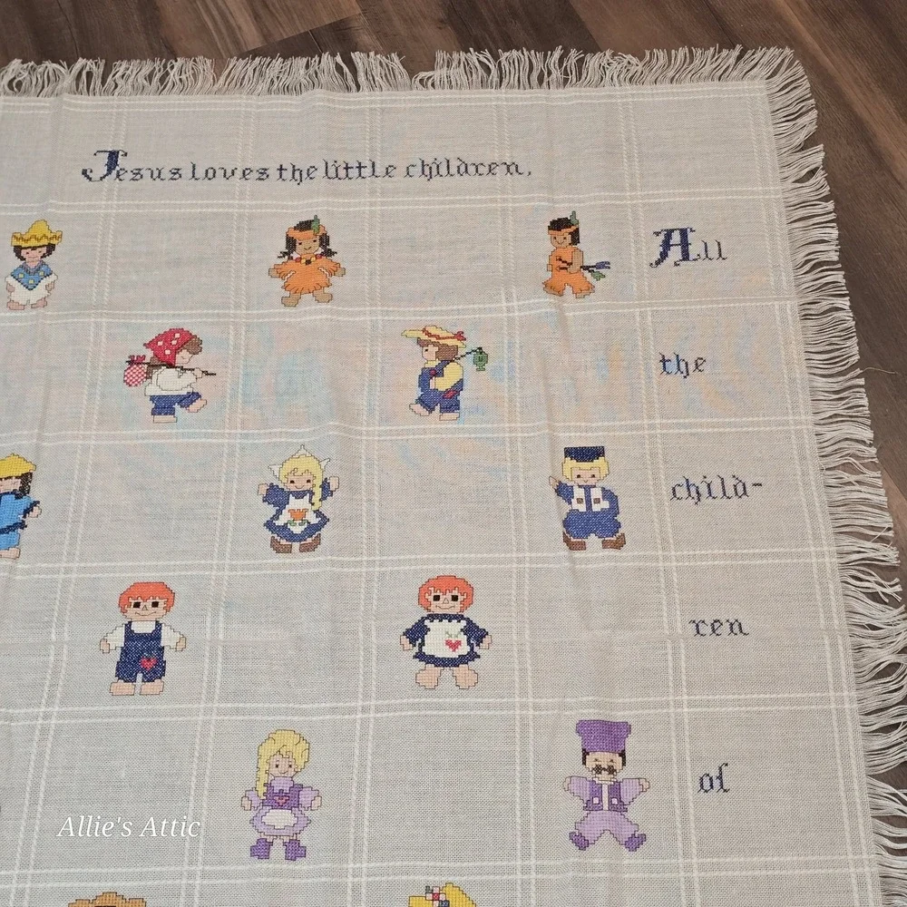 Vintage Childrens Blanket Cross Stitch Boys Girls Jesus Religious Nursery 52x39